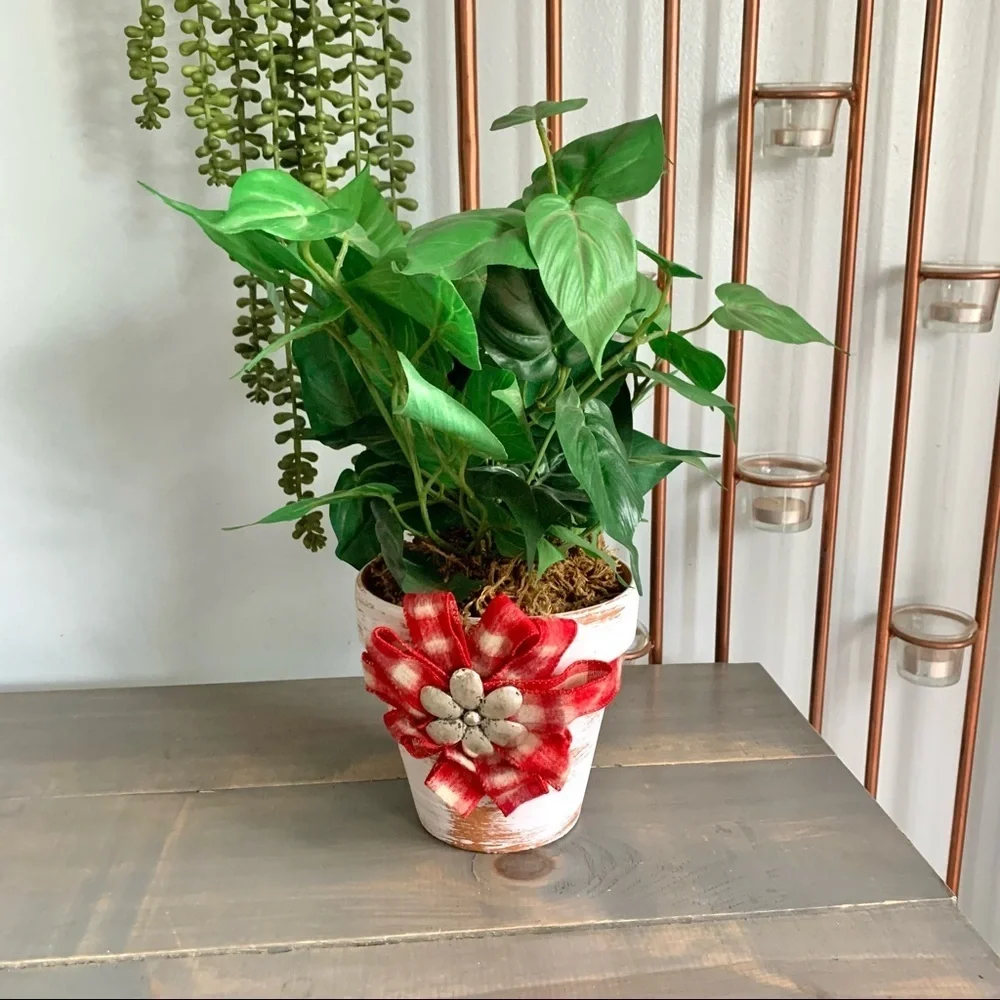 Faux Plant Hand Painted Distressed Pot Red Bow